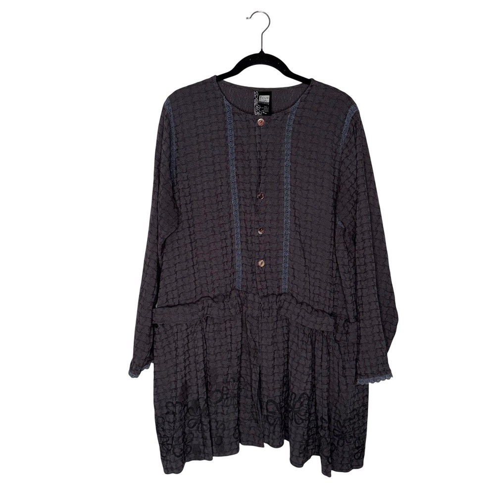 Blue Fish Clothing Tunic Womens Gray Good Lagenlook Art To Wear Embroidered Top